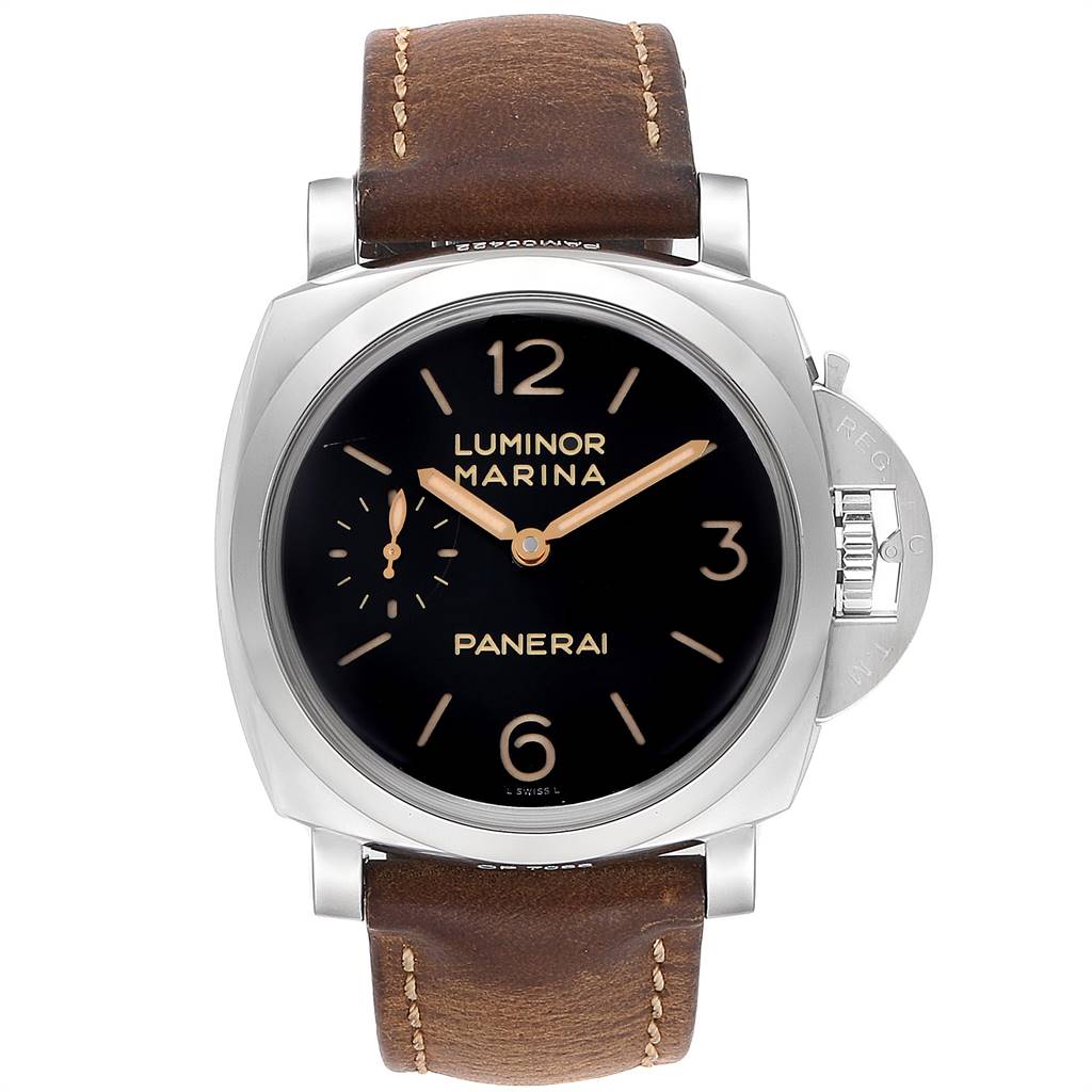 The image shows a frontal view of a Panerai Luminor PAM00422 Men's Stainless Steel Black Dial PAM00422 Men's Stainless Steel Black Dial watch with a brown leather strap and black dial.