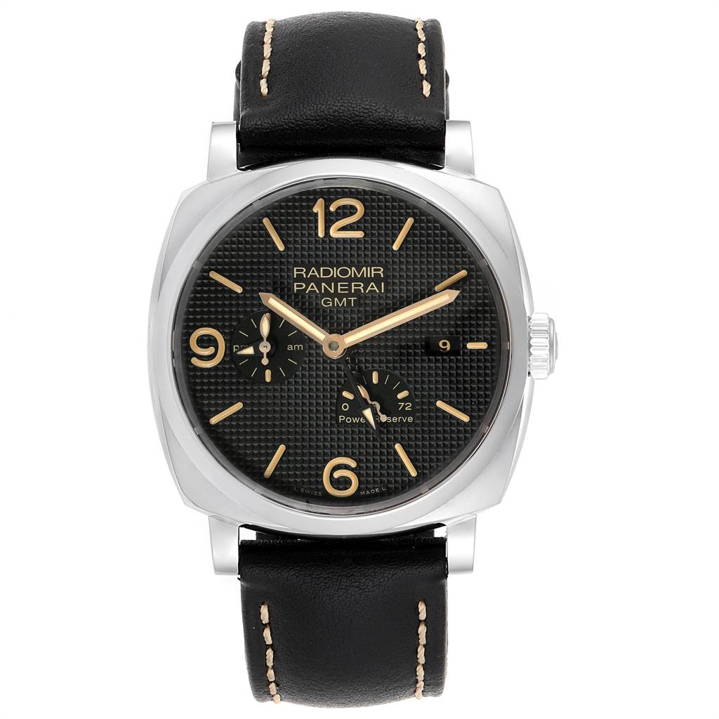 The image shows a frontal view of the Panerai Radiomir PAM00628 Men's Stainless Steel Black Dial PAM00628 Men's Stainless Steel Black Dial model watch, highlighting the dial, hands, and strap.