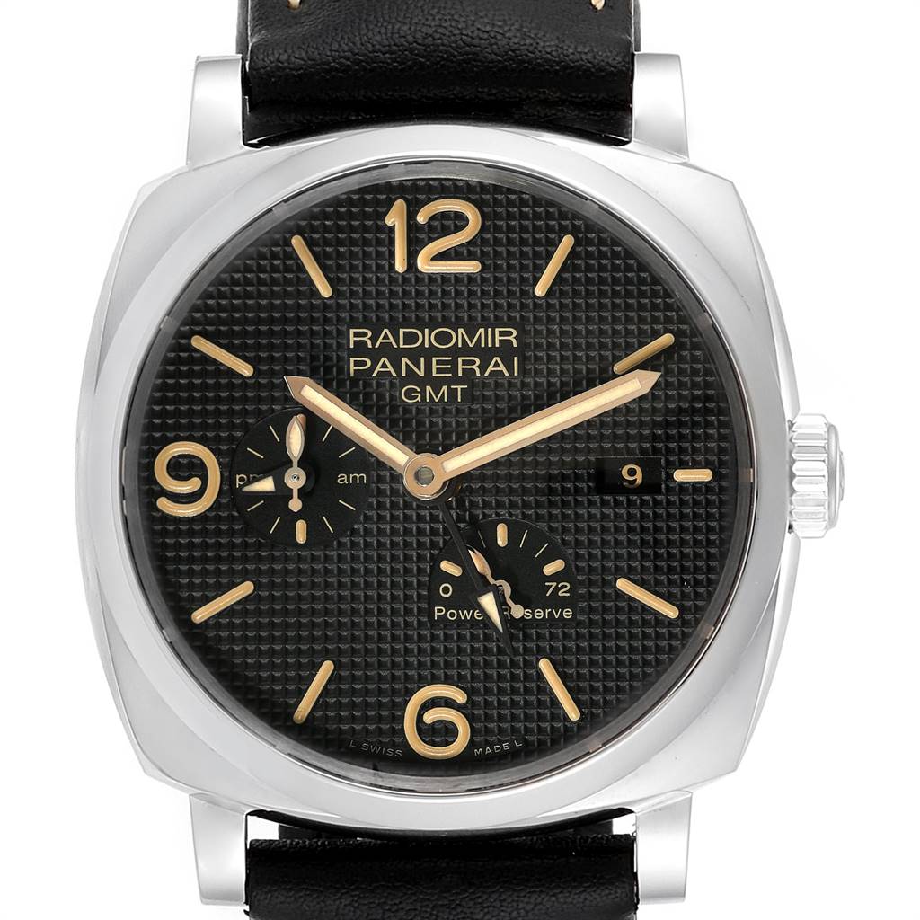The image shows a frontal view of a Panerai Radiomir PAM00628 Men's Stainless Steel Black Dial PAM00628 Men's Stainless Steel Black Dial GMT watch, displaying its dial, hands, crown, and strap.