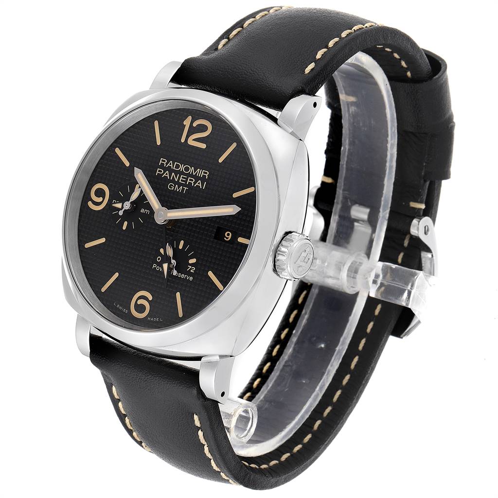 The image shows a Panerai Radiomir PAM00628 Men's Stainless Steel Black Dial PAM00628 Men's Stainless Steel Black Dial watch at an angled view, highlighting the face, crown, and black leather strap.