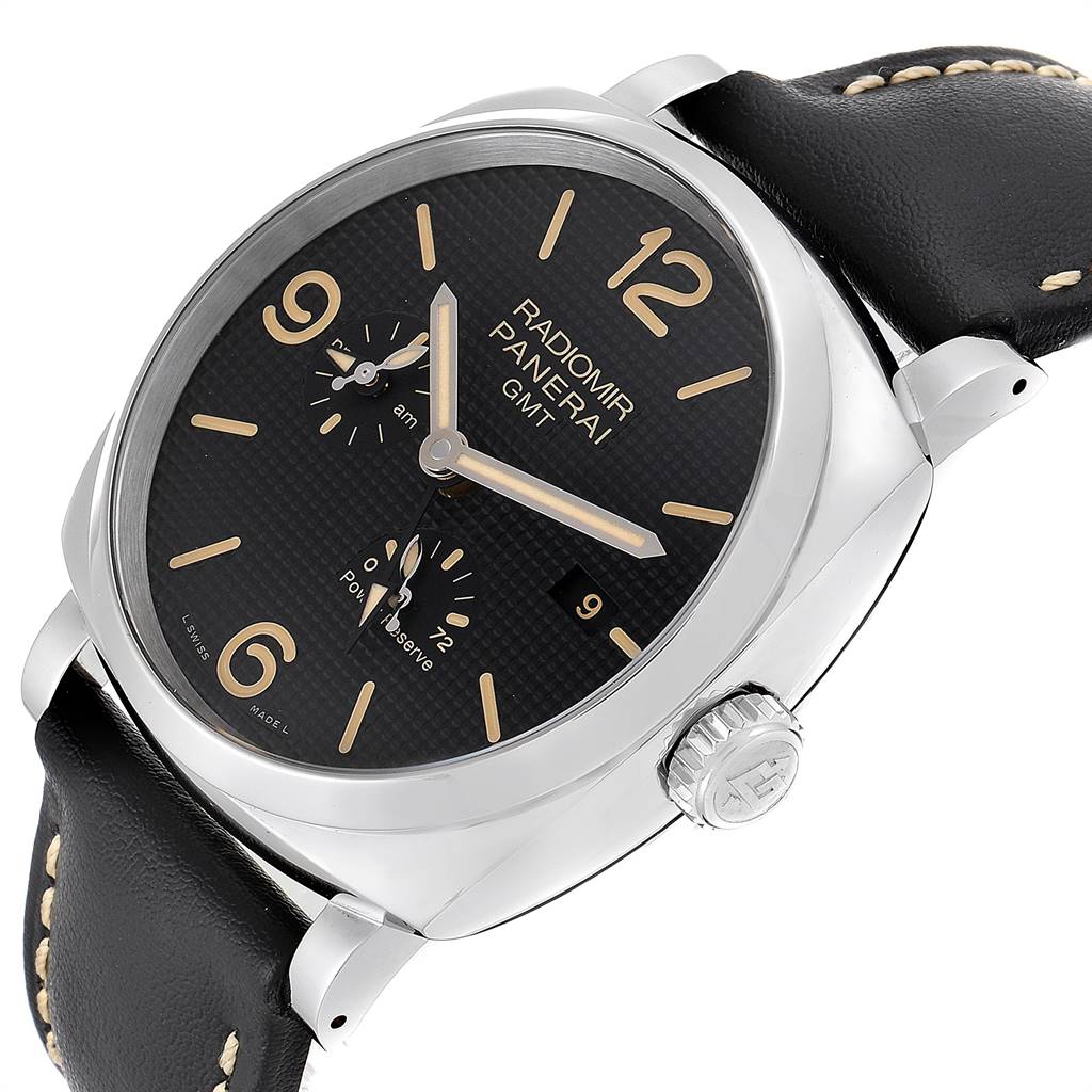 The image shows the Panerai Radiomir PAM00628 Men's Stainless Steel Black Dial PAM00628 Men's Stainless Steel Black Dial watch at a slight angle, highlighting the dial, crown, lugs, and leather strap.
