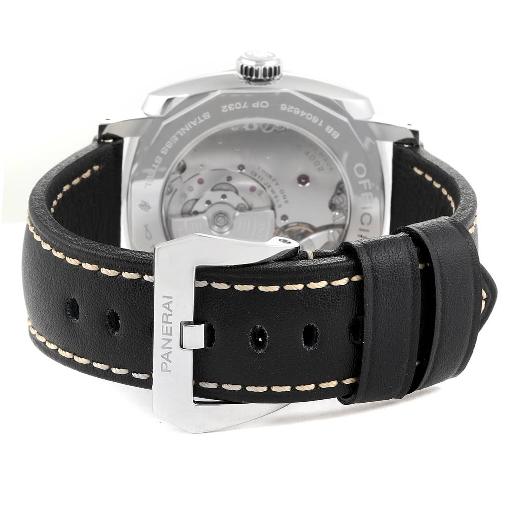 The image shows the back of the Radiomir model by Panerai, highlighting the strap and the transparent case back.