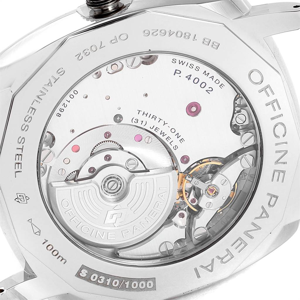 The image displays the back case of a Panerai Radiomir PAM00628 Men's Stainless Steel Black Dial PAM00628 Men's Stainless Steel Black Dial watch, showcasing the movement and inner mechanics.