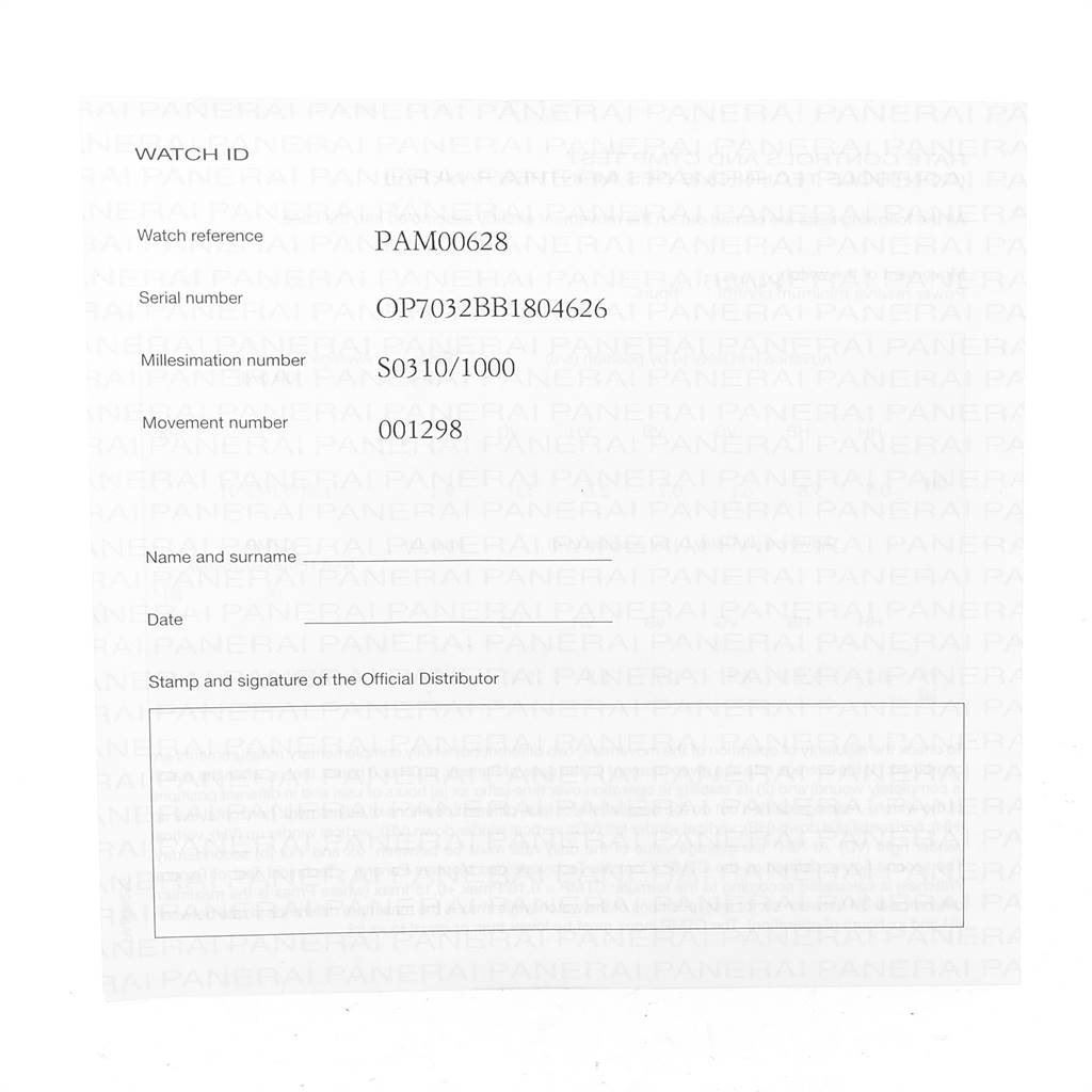 This image shows the Watch ID card for a Panerai Radiomir PAM00628 Men's Stainless Steel Black Dial PAM00628 Men's Stainless Steel Black Dial model PAM00628, including reference, serial, millesimation, and movement numbers.