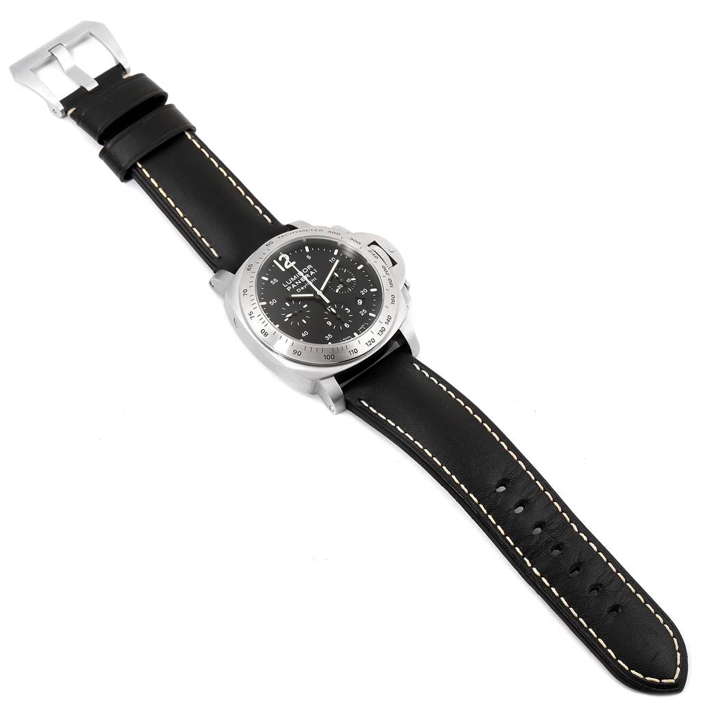 The image shows a Panerai Luminor PAM00250 Men's Stainless Steel Black Dial PAM00250 Men's Stainless Steel Black Dial watch from a top-down angle, displaying the strap, buckle, and watch face.