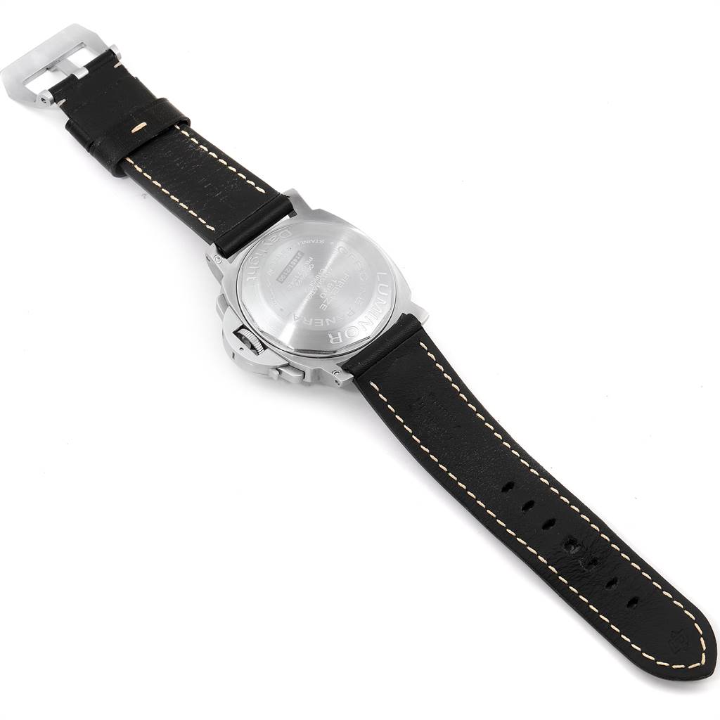 The image shows the back view of a Panerai Luminor PAM00250 Men's Stainless Steel Black Dial PAM00250 Men's Stainless Steel Black Dial watch, displaying its case back and leather strap.
