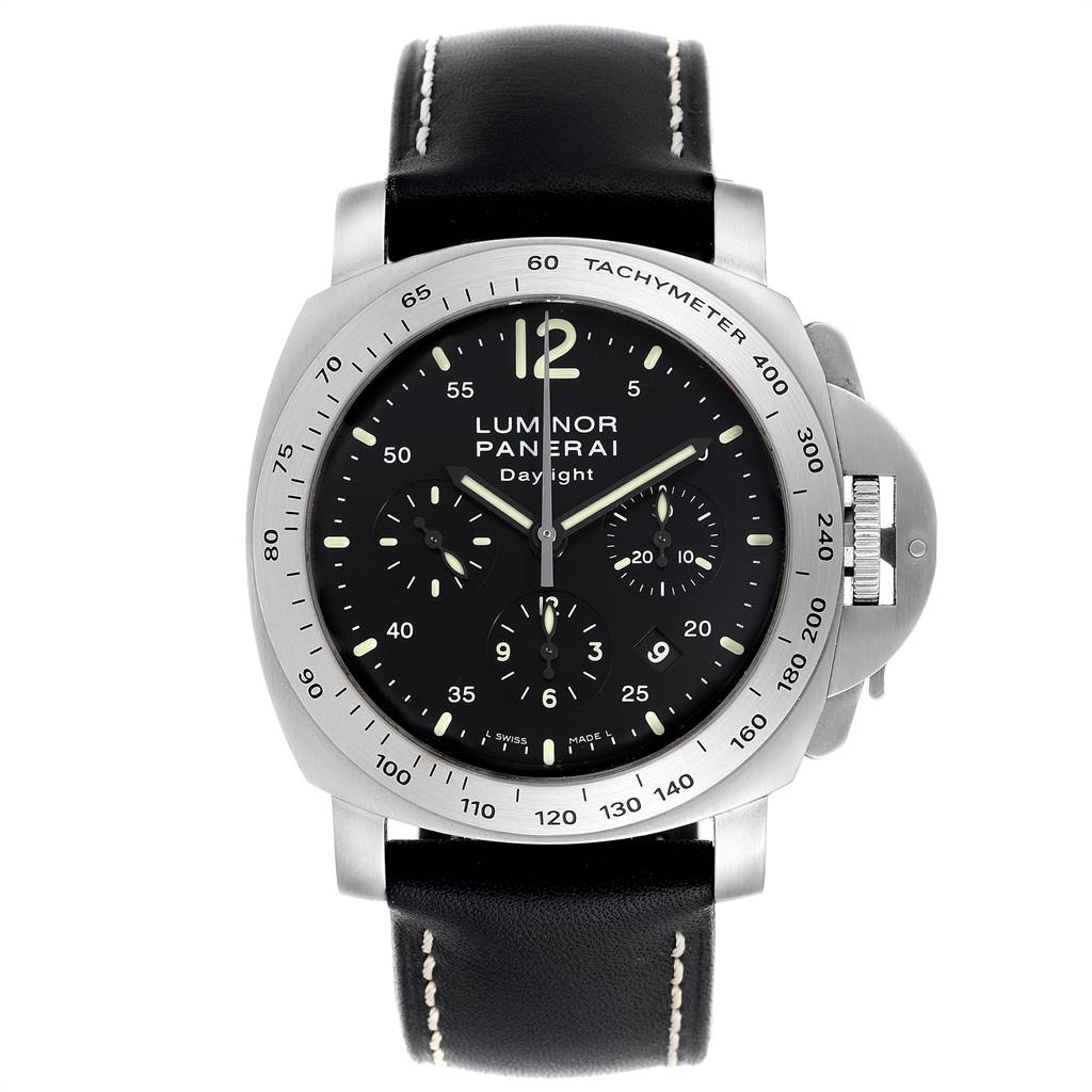 The Panerai Luminor PAM00250 Men's Stainless Steel Black Dial PAM00250 Men's Stainless Steel Black Dial watch is shown from a front angle, displaying its face, tachymeter bezel, and leather strap.
