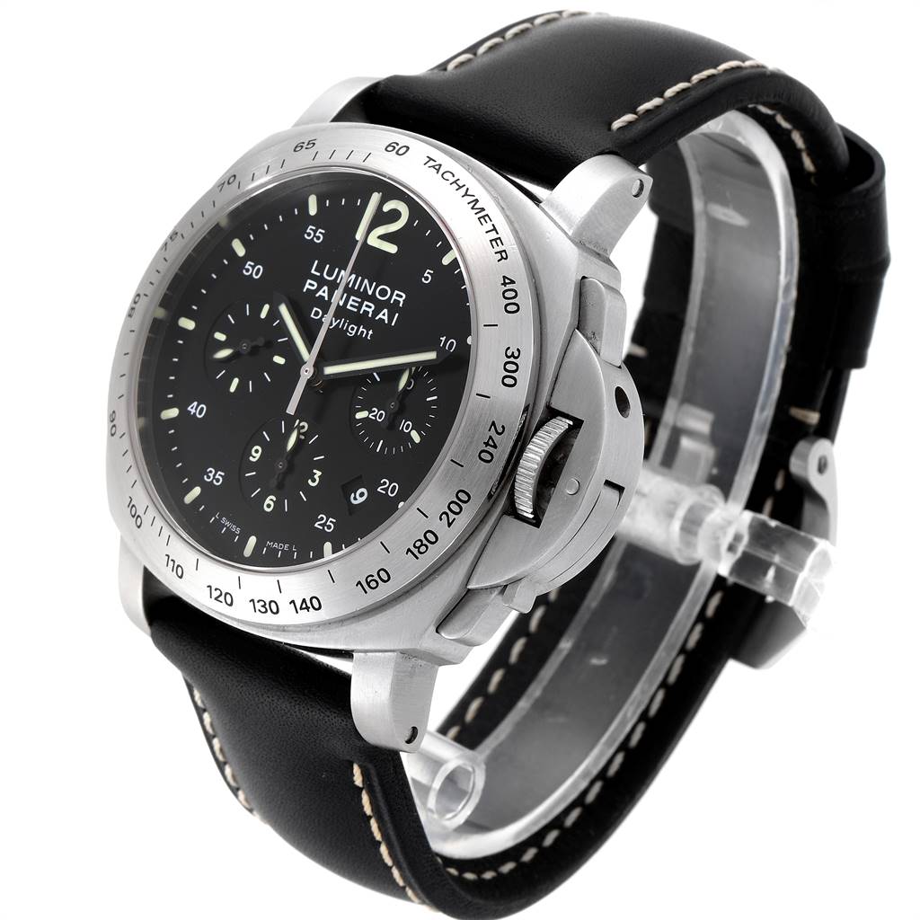 The image shows a Panerai Luminor PAM00250 Men's Stainless Steel Black Dial PAM00250 Men's Stainless Steel Black Dial watch at a three-quarter angle, displaying its face, bezel, crown guard, and leather strap.