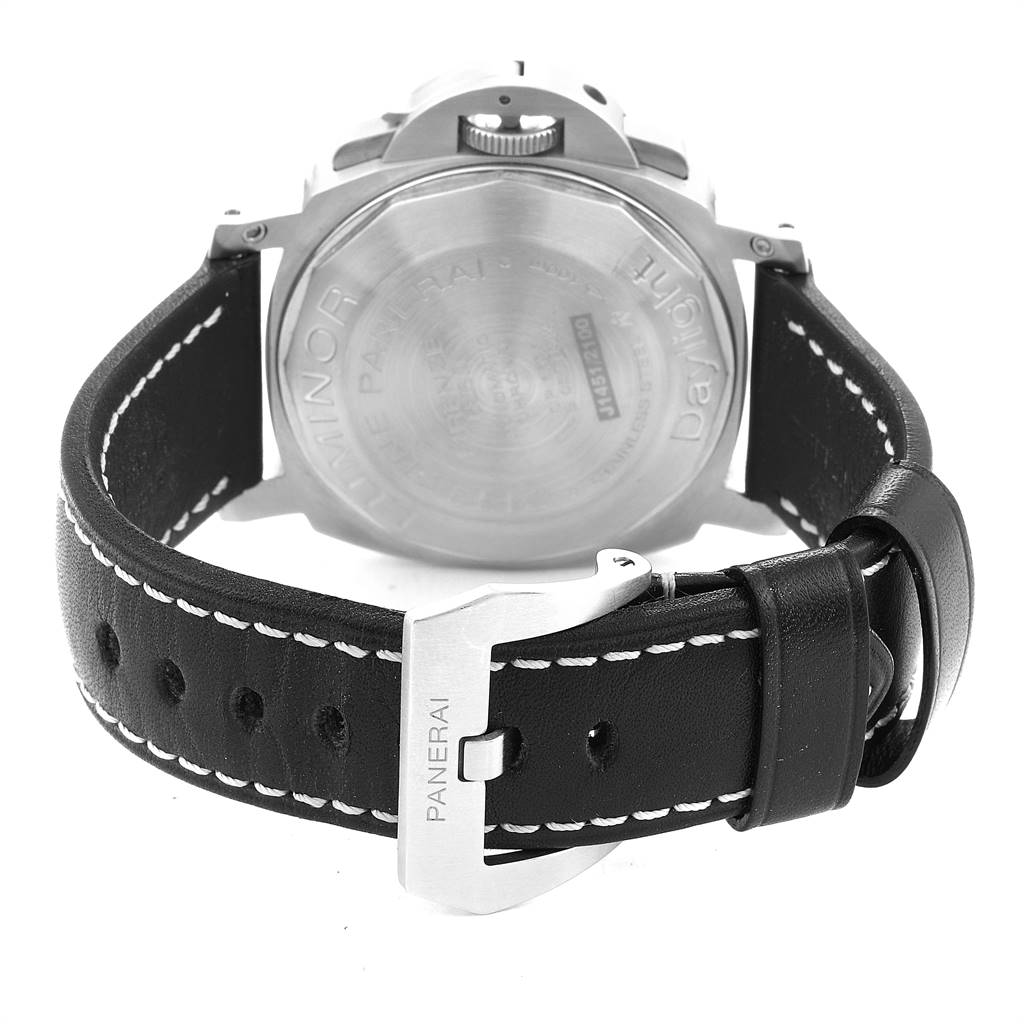 The image shows the back case and leather strap with a buckle of a Panerai Luminor PAM00250 Men's Stainless Steel Black Dial PAM00250 Men's Stainless Steel Black Dial watch.