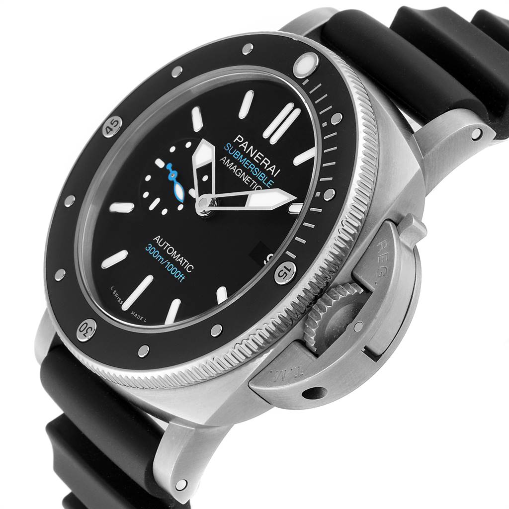 The image shows the Panerai Submersible PAM01389 Men's Titanium Black Dial PAM01389 Men's Titanium Black Dial watch at an angle highlighting the bezel, crown guard, and strap.