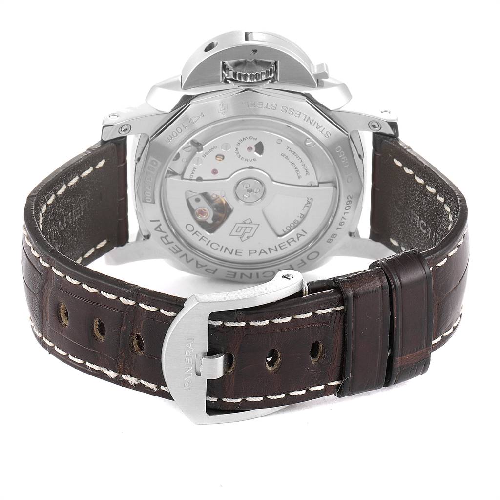 The image shows the back view of a Panerai Luminor PAM00535 Men's Stainless Steel Black Dial PAM00535 Men's Stainless Steel Black Dial watch, highlighting the movement and the leather strap with a buckle.