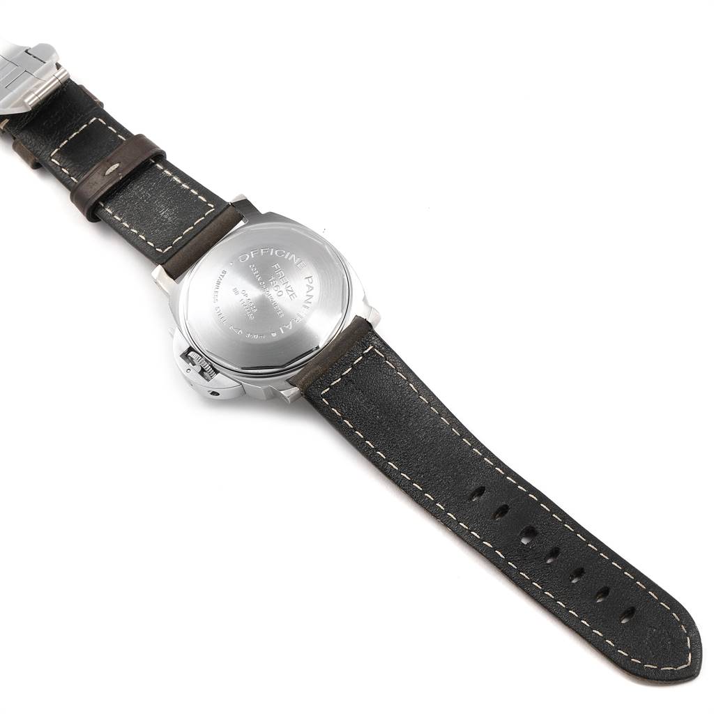 This image shows the back of a Panerai Luminor PAM00244 Men
s Stainless Steel Black Dial PAM00244 Men
s Stainless Steel Black Dial watch with its leather strap and stainless steel caseback facing up.