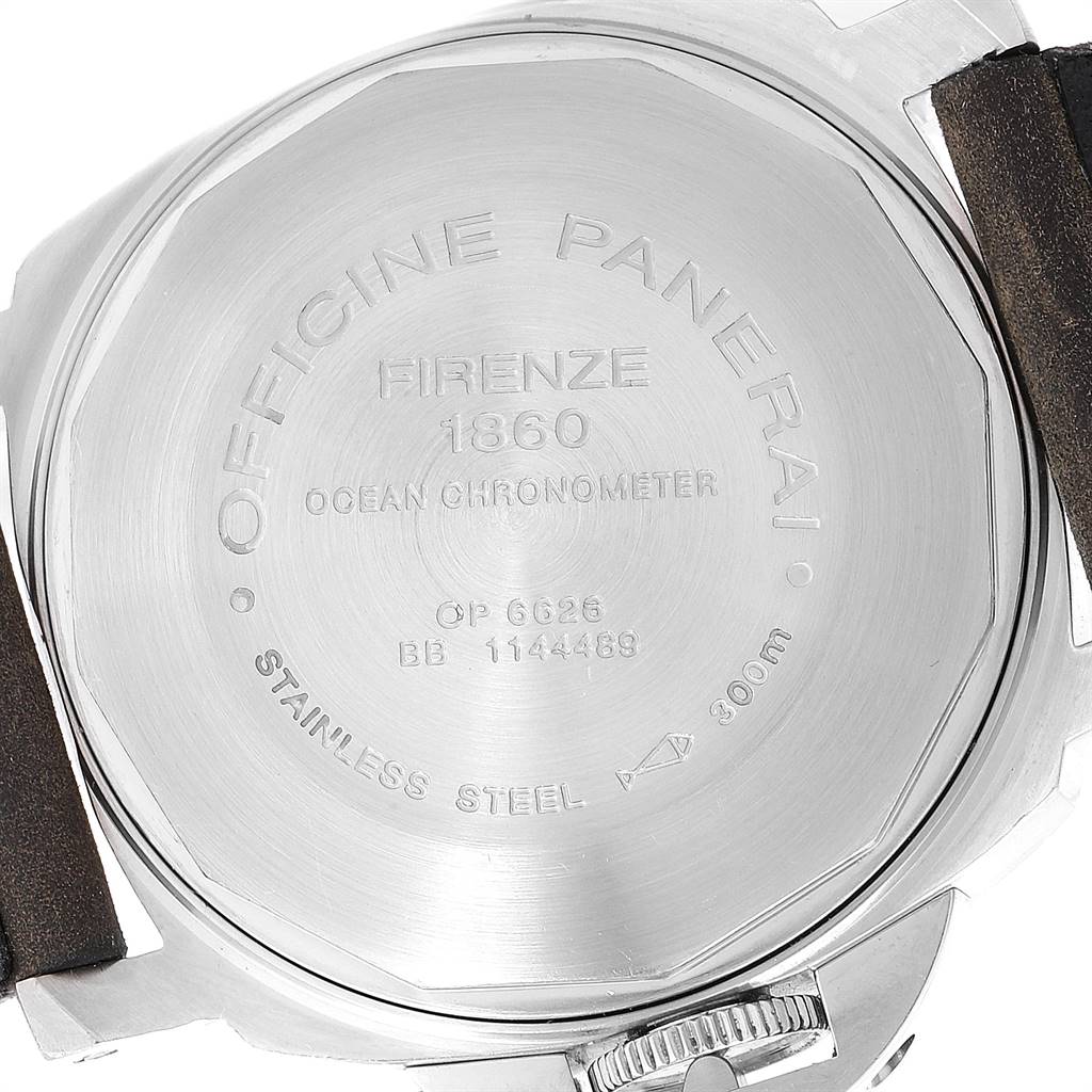 The image shows the back case of a Panerai Luminor PAM00244 Men
s Stainless Steel Black Dial PAM00244 Men
s Stainless Steel Black Dial watch, highlighting its engravings and stainless steel back.