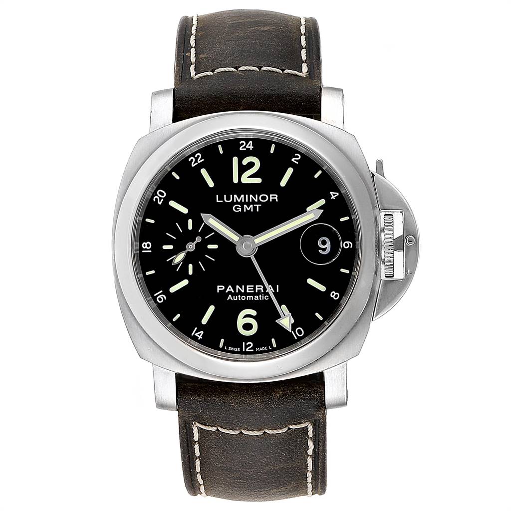The image shows a front view of a Panerai Luminor PAM00244 Men
s Stainless Steel Black Dial PAM00244 Men
s Stainless Steel Black Dial model watch with a black dial and leather strap.