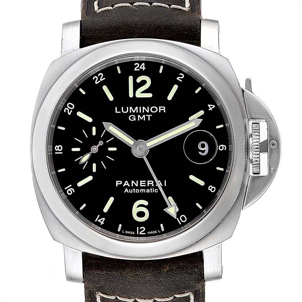 The image shows a front view of a Panerai Luminor PAM00244 Men
s Stainless Steel Black Dial PAM00244 Men
s Stainless Steel Black Dial GMT watch, featuring its black dial, leather strap, and distinctive crown guard.