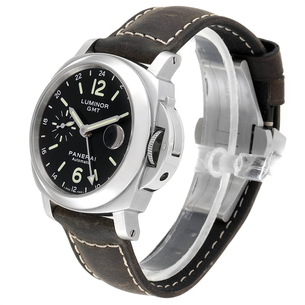 The image shows a Panerai Luminor PAM00244 Men
s Stainless Steel Black Dial PAM00244 Men
s Stainless Steel Black Dial GMT watch at a slight angle, highlighting its black dial, crown guard, and leather strap.