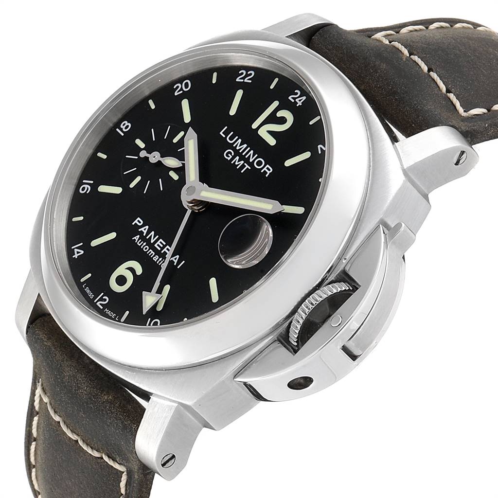 The image shows a Panerai Luminor PAM00244 Men
s Stainless Steel Black Dial PAM00244 Men
s Stainless Steel Black Dial GMT watch at an angled side view, highlighting the dial, crown guard, and strap.