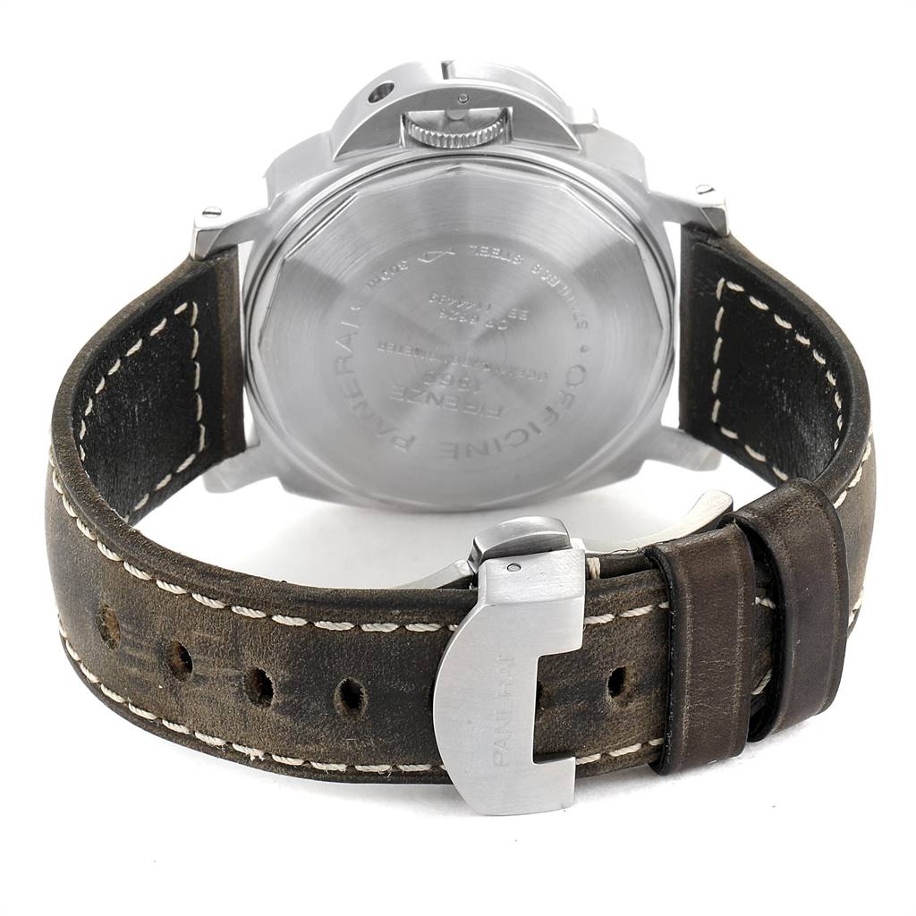 This image shows the back case and leather strap of the Panerai Luminor PAM00244 Men
s Stainless Steel Black Dial PAM00244 Men
s Stainless Steel Black Dial watch.