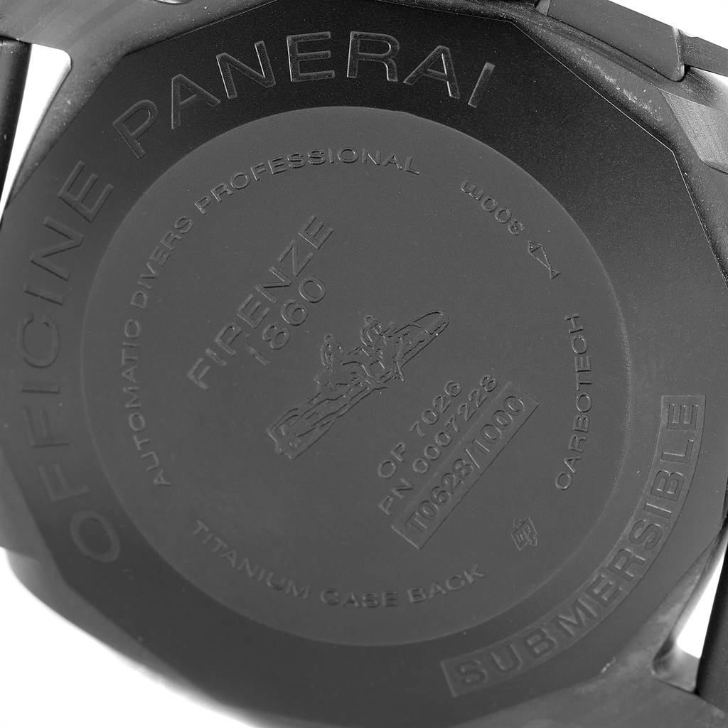 The image shows the case back of a Panerai Submersible PAM00616 Men's Stainless Steel Black Dial PAM00616 Men's Stainless Steel Black Dial watch, displaying branding and specifications.