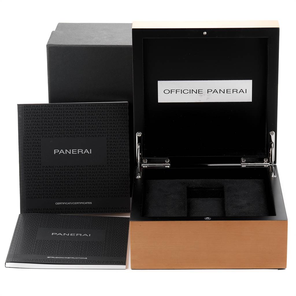 The image shows an open Panerai Submersible PAM00616 Men's Stainless Steel Black Dial PAM00616 Men's Stainless Steel Black Dial watch box with manuals placed next to it.