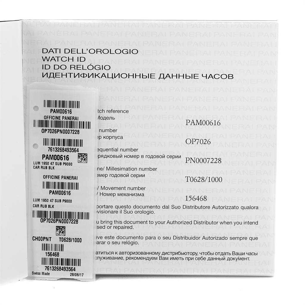 The image shows the watch identification card and documentation for a Panerai Submersible PAM00616 Men's Stainless Steel Black Dial PAM00616 Men's Stainless Steel Black Dial model, viewed from the front.