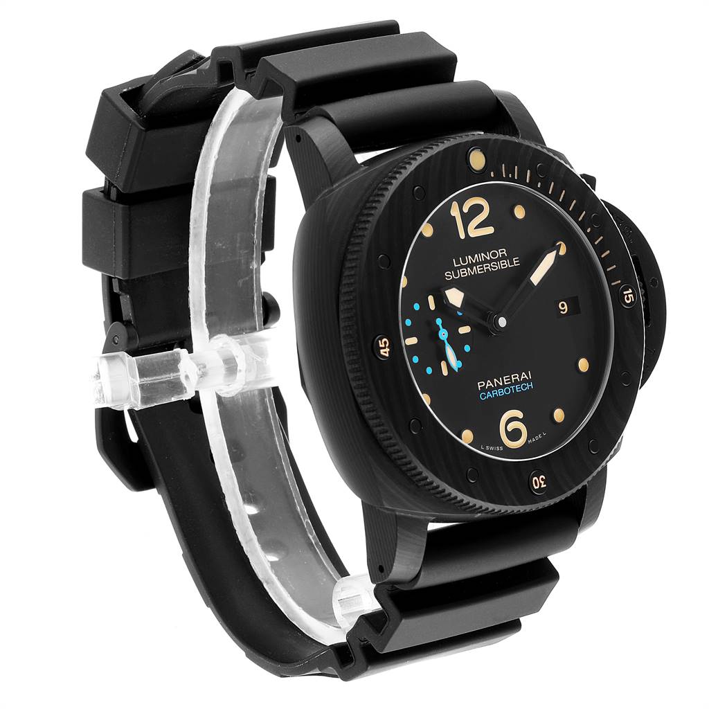 This image shows a three-quarter view of the Panerai Submersible PAM00616 Men's Stainless Steel Black Dial PAM00616 Men's Stainless Steel Black Dial Luminor Carbotech, highlighting its watch face, bezel, and strap.