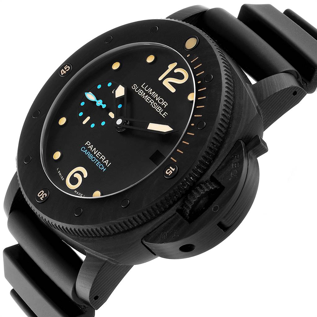 The image shows a close-up angle of the Panerai Luminor Submersible Carbotech, highlighting the dial and part of the bracelet.