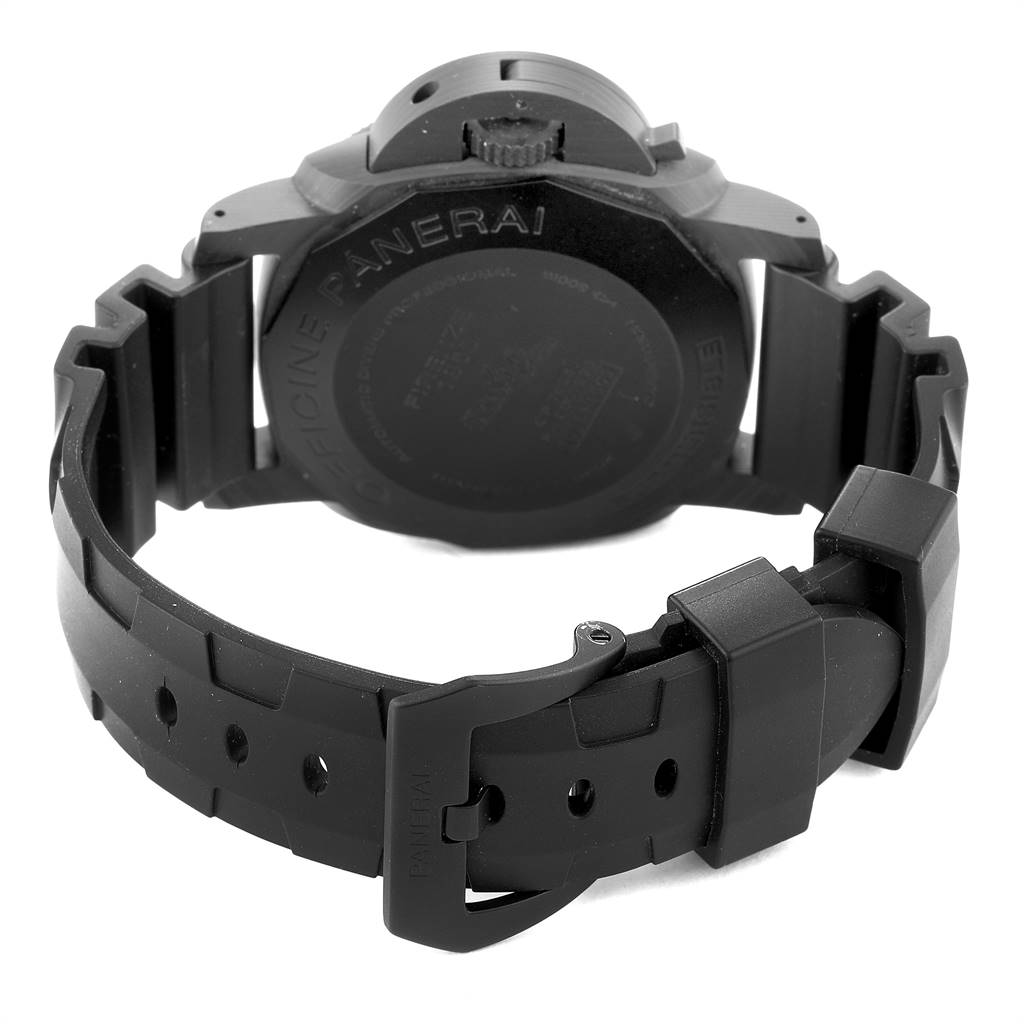 The image shows the back view of a Panerai Submersible PAM00616 Men's Stainless Steel Black Dial PAM00616 Men's Stainless Steel Black Dial watch, highlighting the case back and the strap with a buckle.