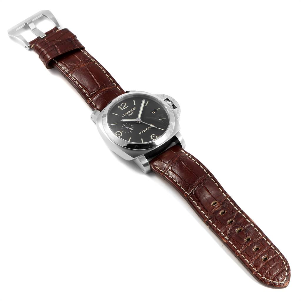 This Panerai Luminor PAM00320 Men's Stainless Steel Black Dial PAM00320 Men's Stainless Steel Black Dial watch is shown from a top-down angle, featuring its face, case, crown guard, and brown leather strap.