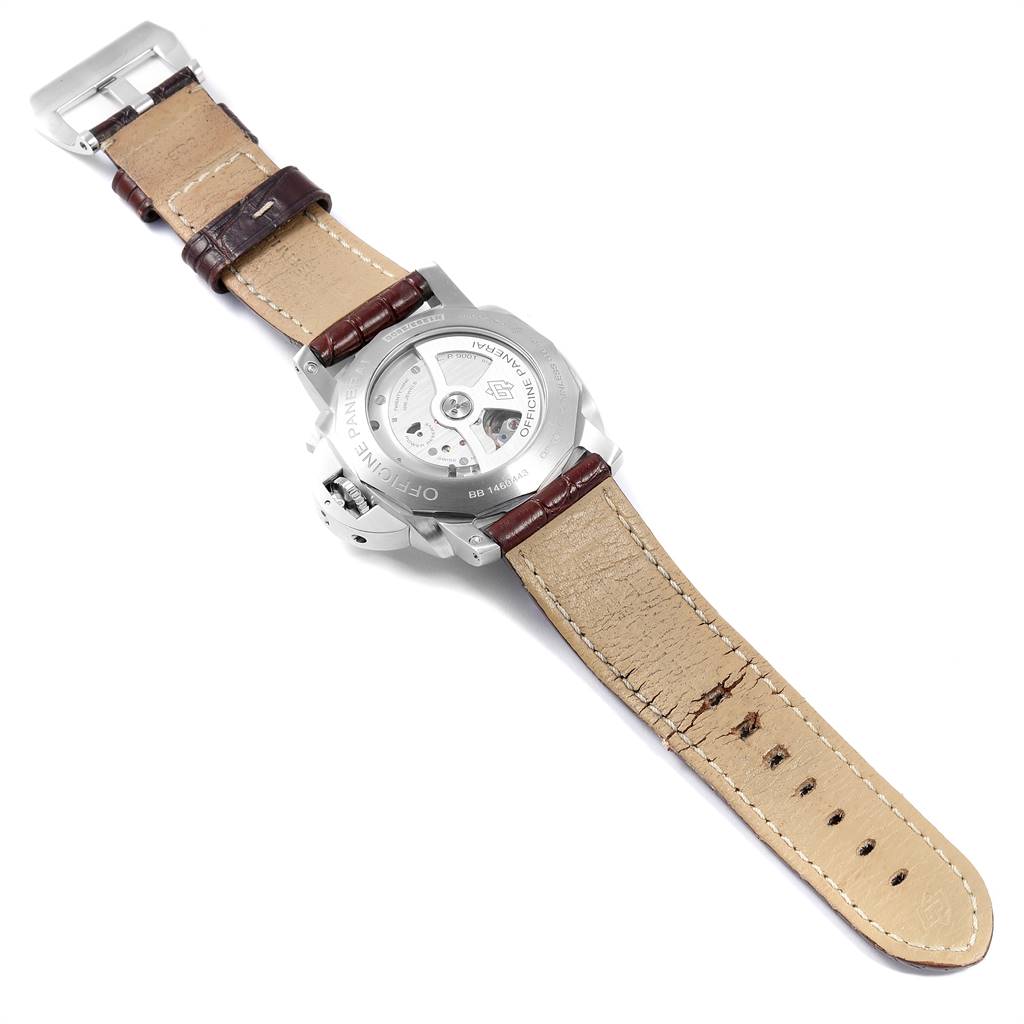 The image shows the back view of the Panerai Luminor PAM00320 Men's Stainless Steel Black Dial PAM00320 Men's Stainless Steel Black Dial watch, displaying the strap and caseback details.