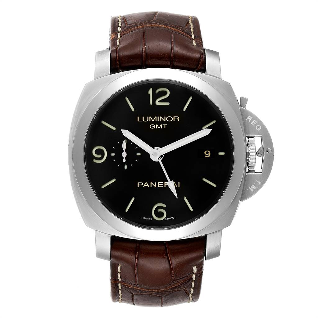 This image shows a frontal view of a Panerai Luminor PAM00320 Men's Stainless Steel Black Dial PAM00320 Men's Stainless Steel Black Dial GMT watch with a brown leather strap and a black dial.