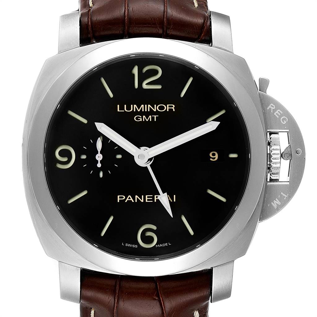 The image shows a front view of a Panerai Luminor PAM00320 Men's Stainless Steel Black Dial PAM00320 Men's Stainless Steel Black Dial watch, displaying its dial, hands, and crown guard with a leather strap.