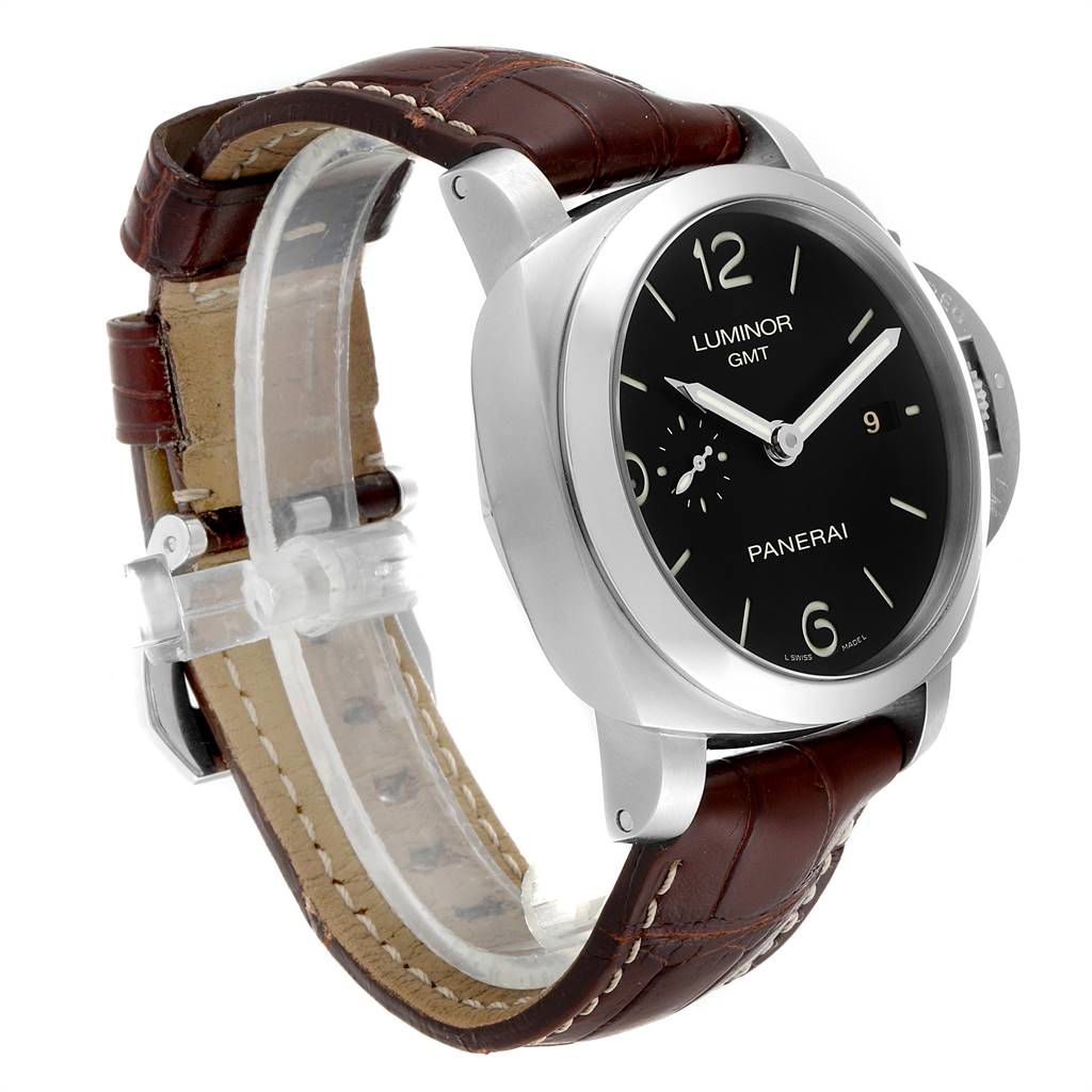 The image shows a side angle of the Panerai Luminor PAM00320 Men's Stainless Steel Black Dial PAM00320 Men's Stainless Steel Black Dial GMT watch, displaying its face, case, and leather strap.