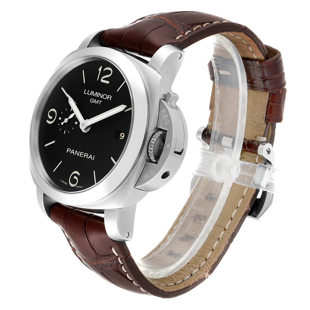 The Panerai Luminor PAM00320 Men's Stainless Steel Black Dial PAM00320 Men's Stainless Steel Black Dial GMT watch is shown at an angle displaying its face, bezel, crown guard, and brown leather strap.