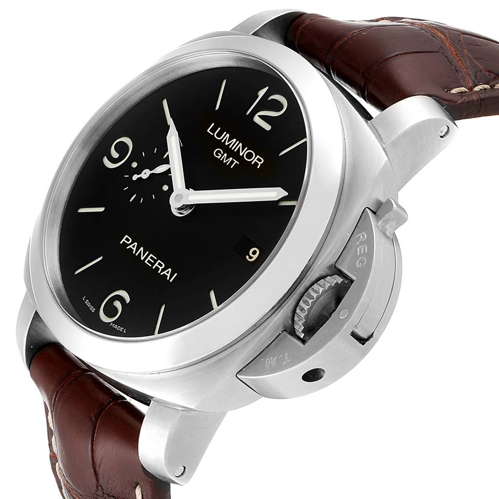 The image shows a Panerai Luminor PAM00320 Men's Stainless Steel Black Dial PAM00320 Men's Stainless Steel Black Dial GMT watch at an angle highlighting its face, crown guard, and leather strap.