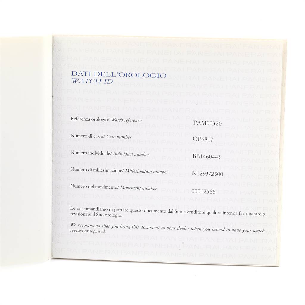 The image shows the watch ID document for a Panerai Luminor PAM00320 Men's Stainless Steel Black Dial PAM00320 Men's Stainless Steel Black Dial model, detailing reference, case, individual, millesimation, and movement numbers.