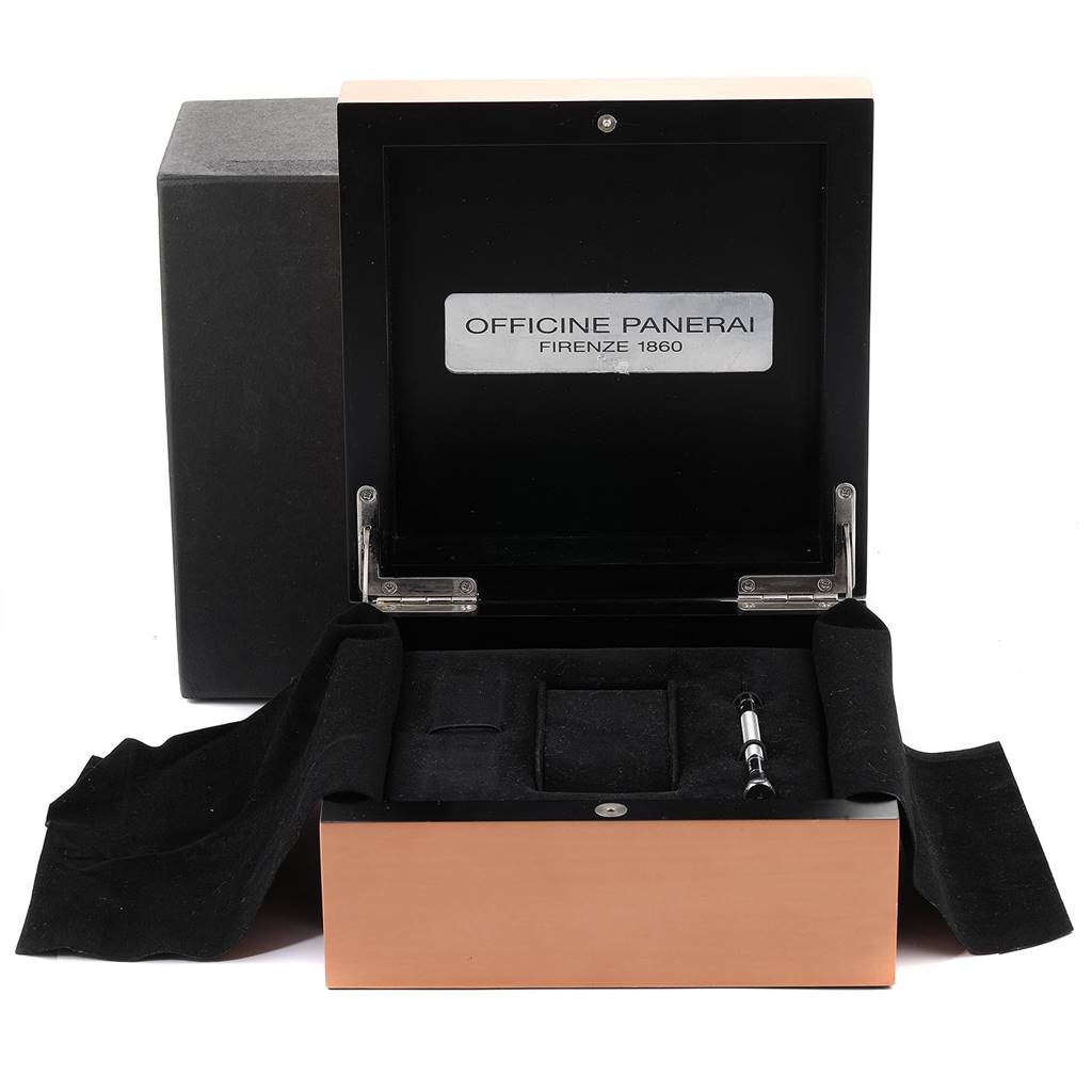 This image shows an open Panerai Luminor PAM00351 Men's Titanium Brown Dial PAM00351 Men's Titanium Brown Dial watch box containing a tool, viewed from the front.