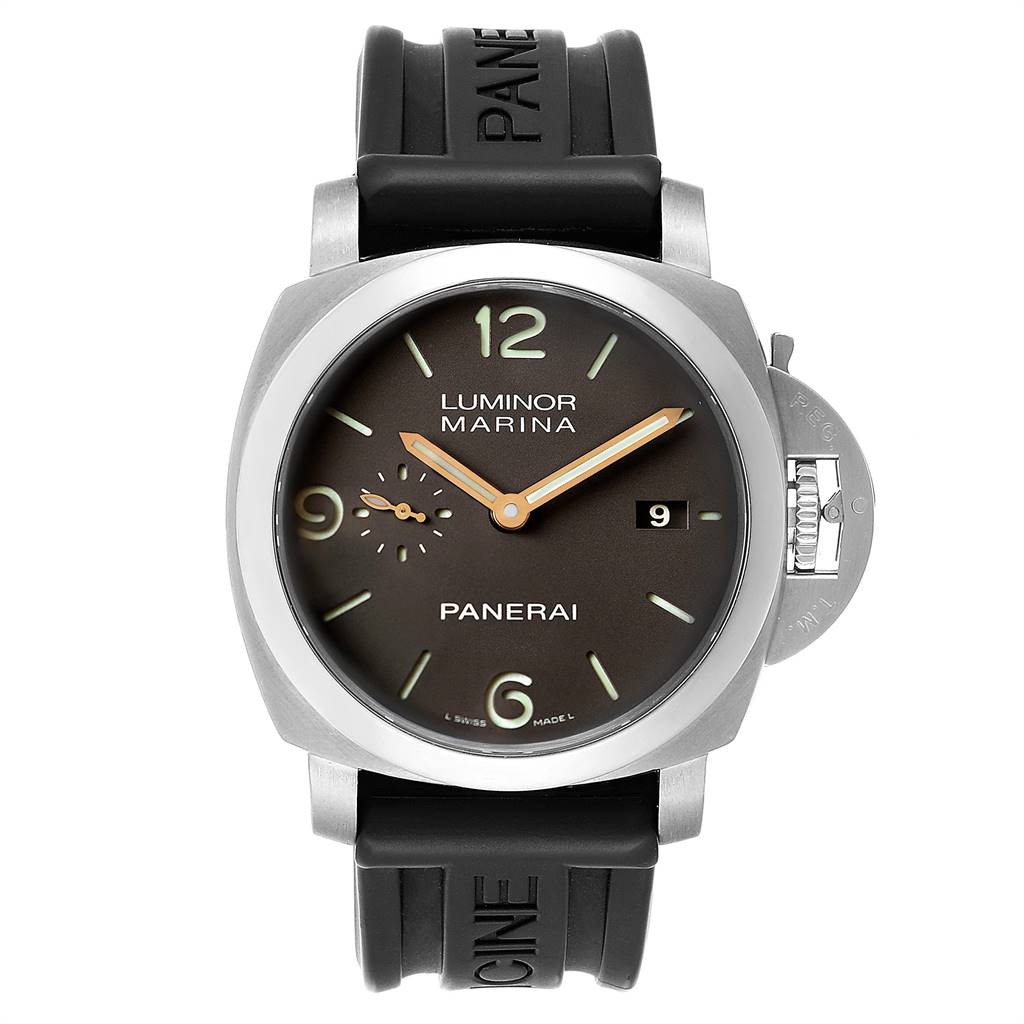 The image shows a Panerai Luminor PAM00351 Men's Titanium Brown Dial PAM00351 Men's Titanium Brown Dial Marina watch from a front angle, displaying its dial, case, bezel, crown guard, and strap.