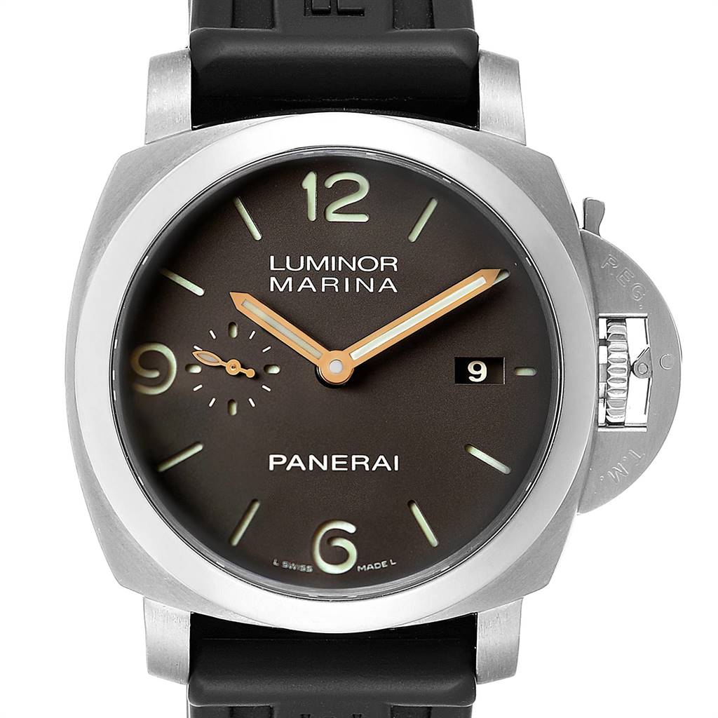 This image shows a front view of a Panerai Luminor PAM00351 Men's Titanium Brown Dial PAM00351 Men's Titanium Brown Dial Marina watch, highlighting its face, strap, and crown guard.