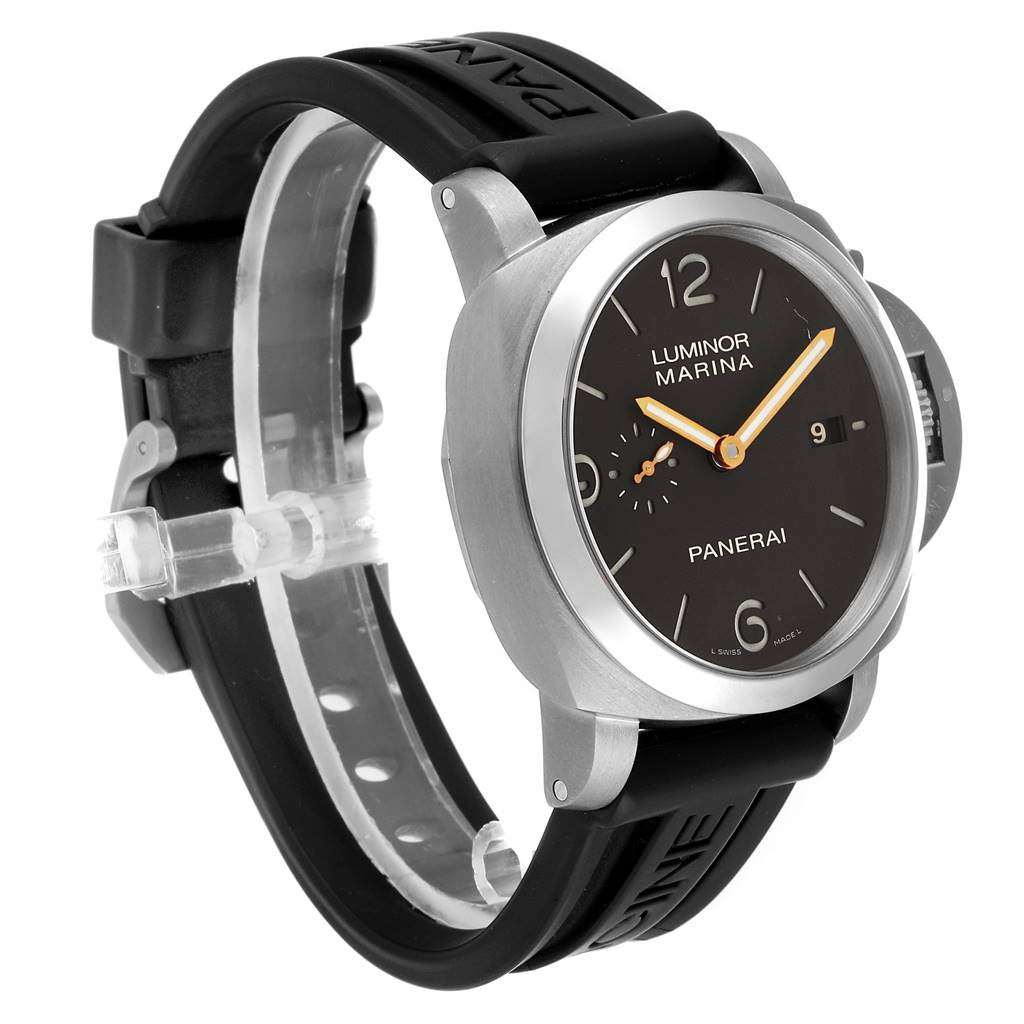 The image shows a side and front view of the Panerai Luminor PAM00351 Men's Titanium Brown Dial PAM00351 Men's Titanium Brown Dial Marina watch with its black rubber strap, crown guard, and black dial.