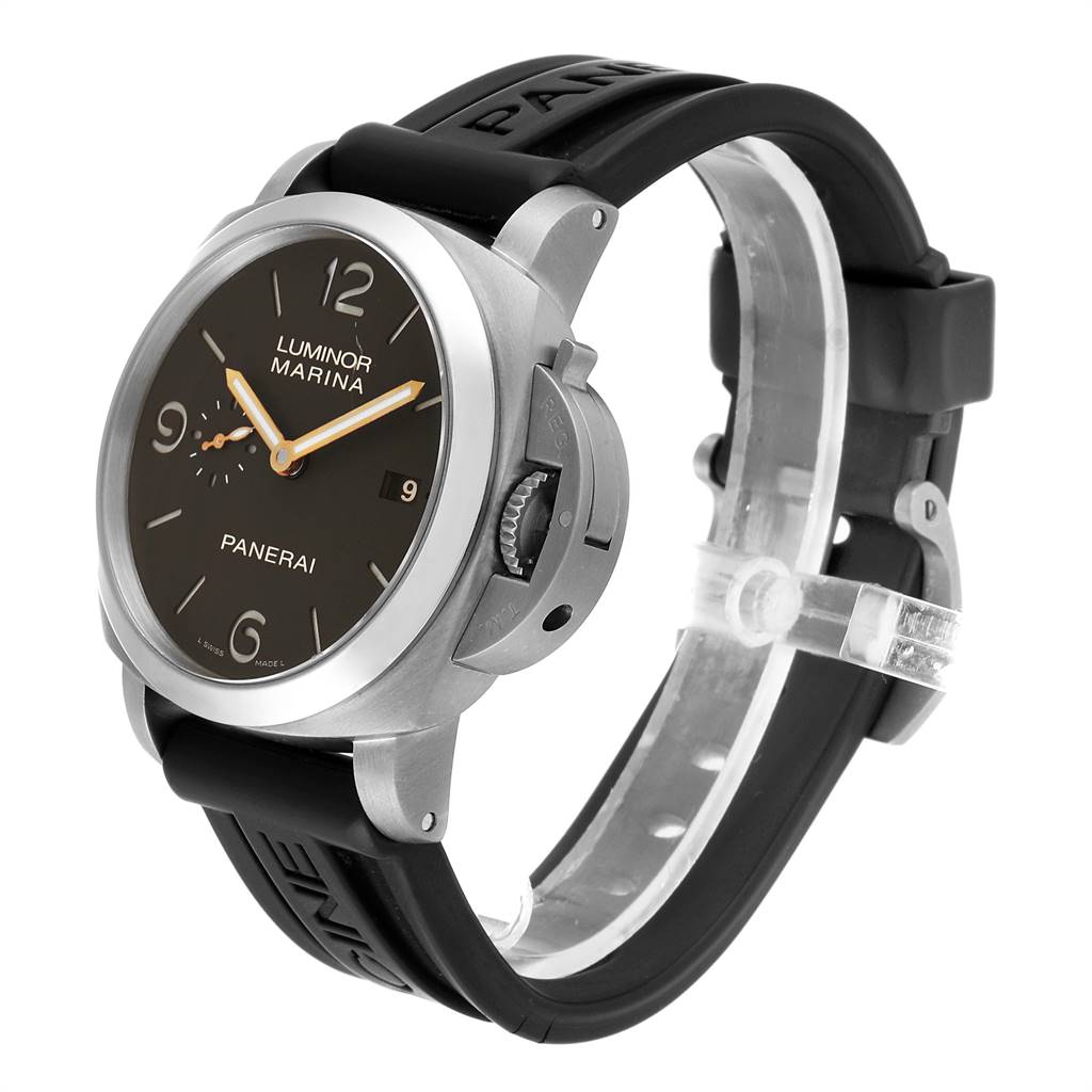 The image shows a side and front angle of a Panerai Luminor PAM00351 Men's Titanium Brown Dial PAM00351 Men's Titanium Brown Dial model, highlighting its case, dial, crown guard, and strap.