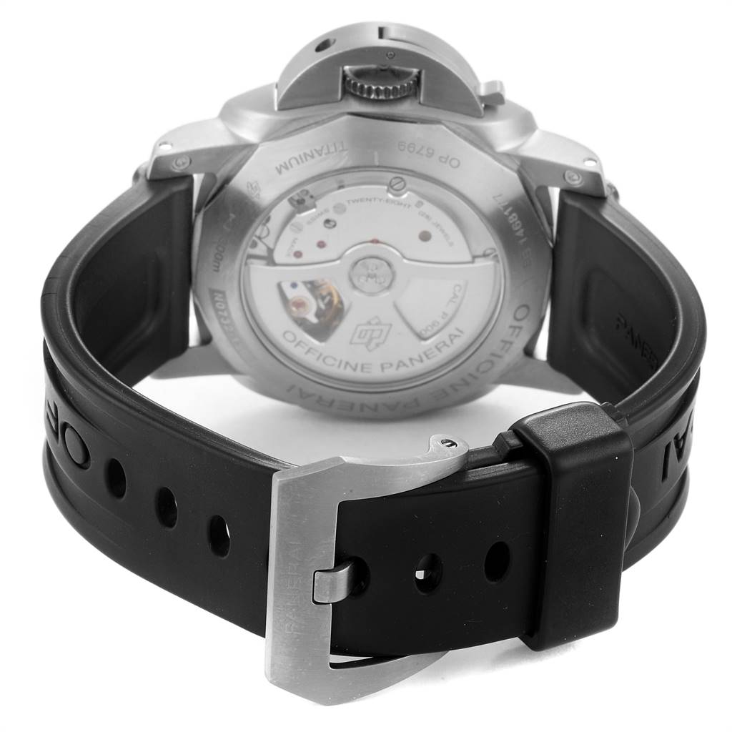 The image shows the back view of a Panerai Luminor PAM00351 Men's Titanium Brown Dial PAM00351 Men's Titanium Brown Dial watch, highlighting the movement mechanism and the rubber strap with a buckle.