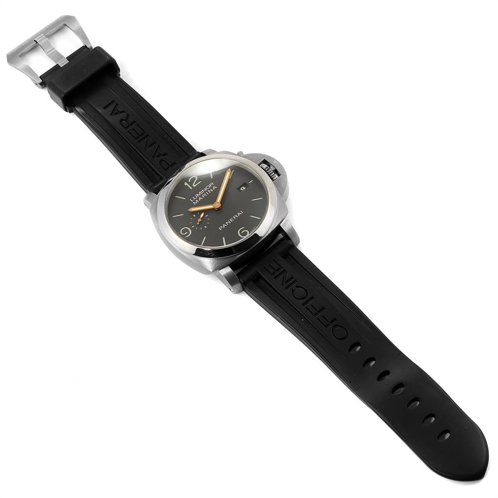 The image shows a Panerai Luminor PAM00351 Men's Titanium Brown Dial PAM00351 Men's Titanium Brown Dial watch from a top-down angle, displaying the face, case, and black rubber strap with "Panerai" branding.