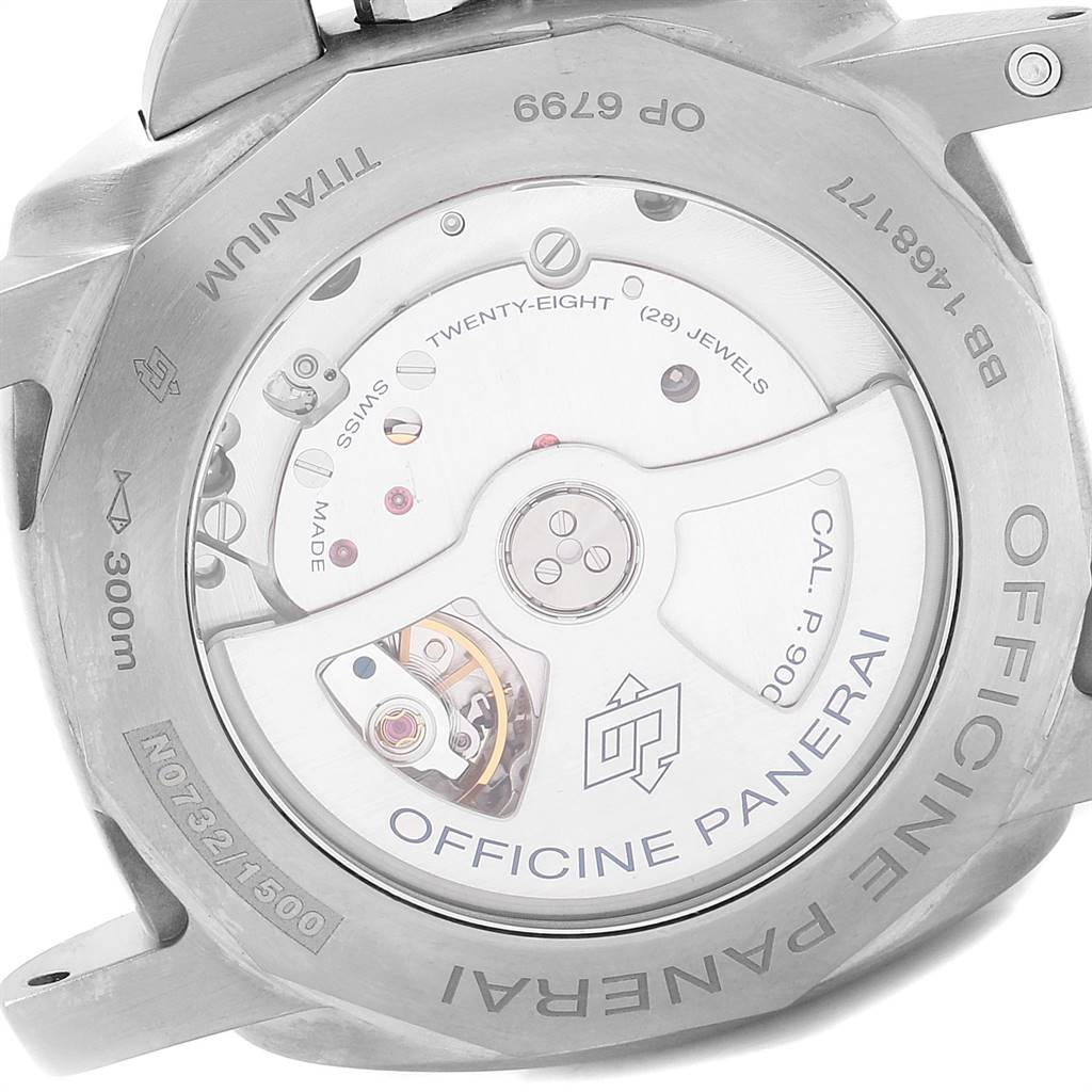 The image shows the back of a Panerai Luminor PAM00351 Men's Titanium Brown Dial PAM00351 Men's Titanium Brown Dial watch with its exposed movement and branding.