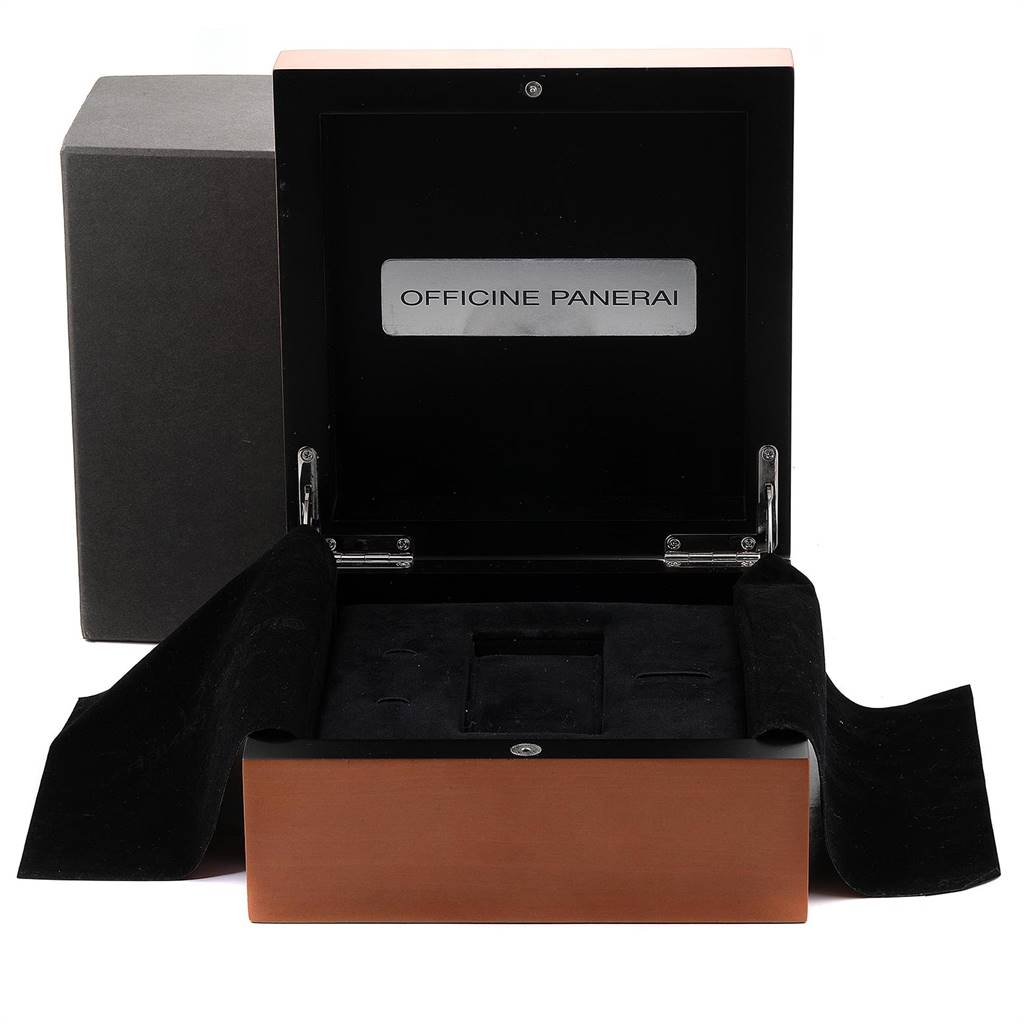 This image shows an open Panerai Luminor PAM00088 Men
s Stainless Steel Black Dial PAM00088 Men
s Stainless Steel Black Dial watch box, revealing its interior with a velvet lining and an "Officine Panerai" label.