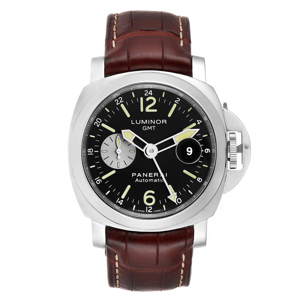 The image shows a front view of a Panerai Luminor PAM00088 Men
s Stainless Steel Black Dial PAM00088 Men
s Stainless Steel Black Dial GMT watch with a brown leather strap and a black dial.