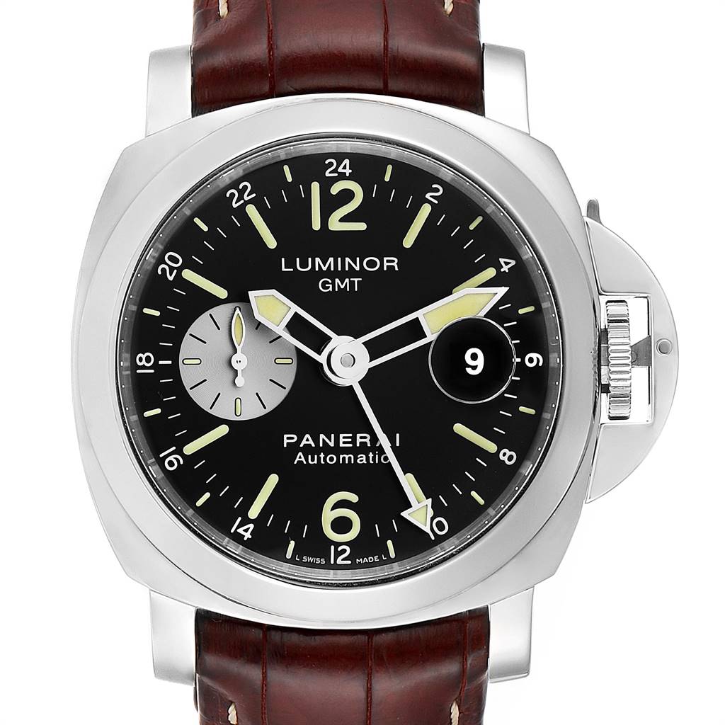 This image shows a front view of a Panerai Luminor PAM00088 Men
s Stainless Steel Black Dial PAM00088 Men
s Stainless Steel Black Dial GMT watch, highlighting the face, bezel, crown guard, and leather strap.
