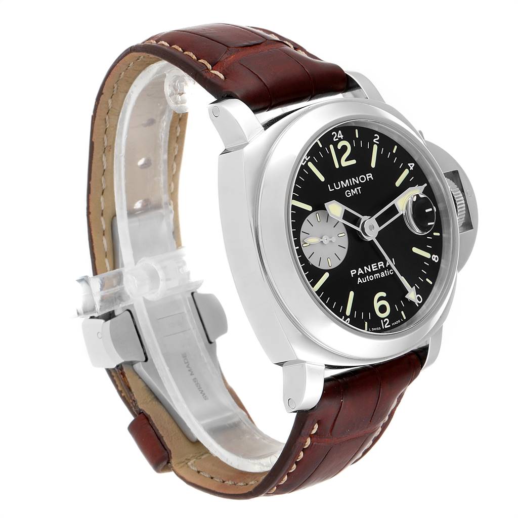The image shows a Luminor GMT by Panerai from an angled side view, highlighting the dial, crown guard, and brown leather strap.