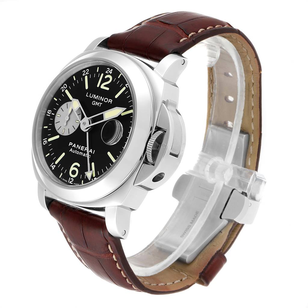 The Panerai Luminor PAM00088 Men
s Stainless Steel Black Dial PAM00088 Men
s Stainless Steel Black Dial watch is shown at an angled side view, displaying its black dial, stainless steel case, and brown leather strap.