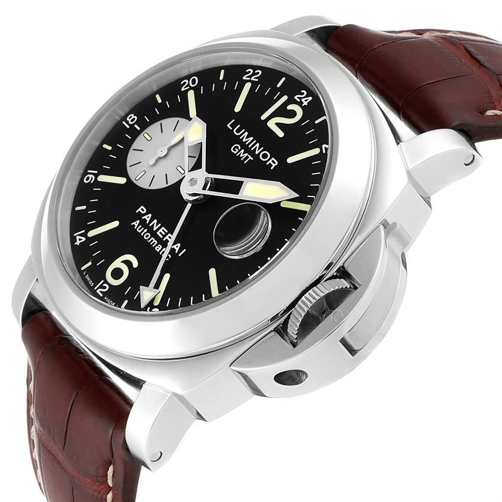 The watch, a Panerai Luminor PAM00088 Men
s Stainless Steel Black Dial PAM00088 Men
s Stainless Steel Black Dial model, is shown at a three-quarter angle, highlighting its dial, bezel, crown, and leather strap.